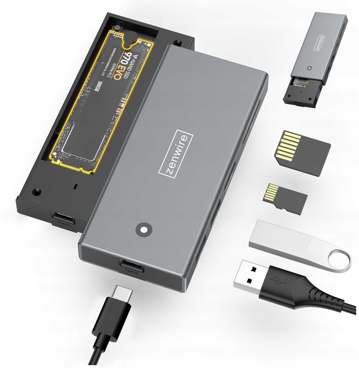 Szary hub Zenwire z dyskiem SSD M.2 i różnymi portami. Zawiera również kartę SD, USB i micro SD.