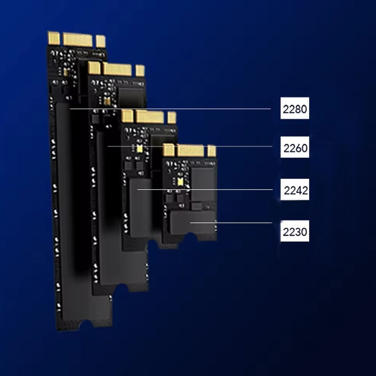 Zbliżenie dysków SSD M.2. Cztery różne rozmiary są oznaczone: 2280, 2260, 2242 i 2230.