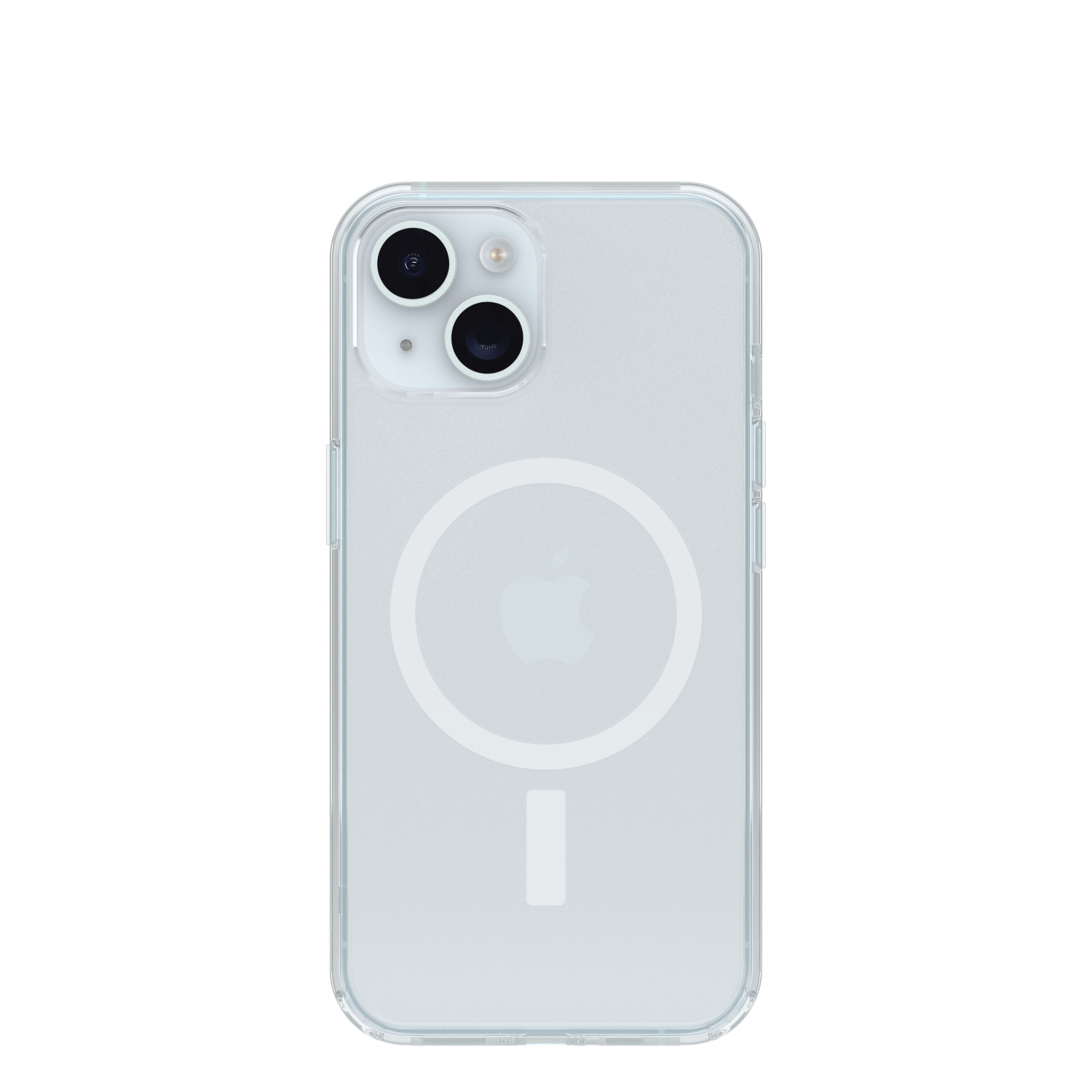 Een transparante iPhone-hoes met een zichtbare camera en een witte MagSafe-cirkel.