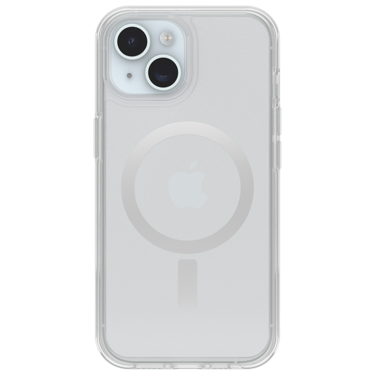 Transparante telefoonhoes op witte achtergrond, de achterkant van de iPhone. Camera en Apple logo zichtbaar.