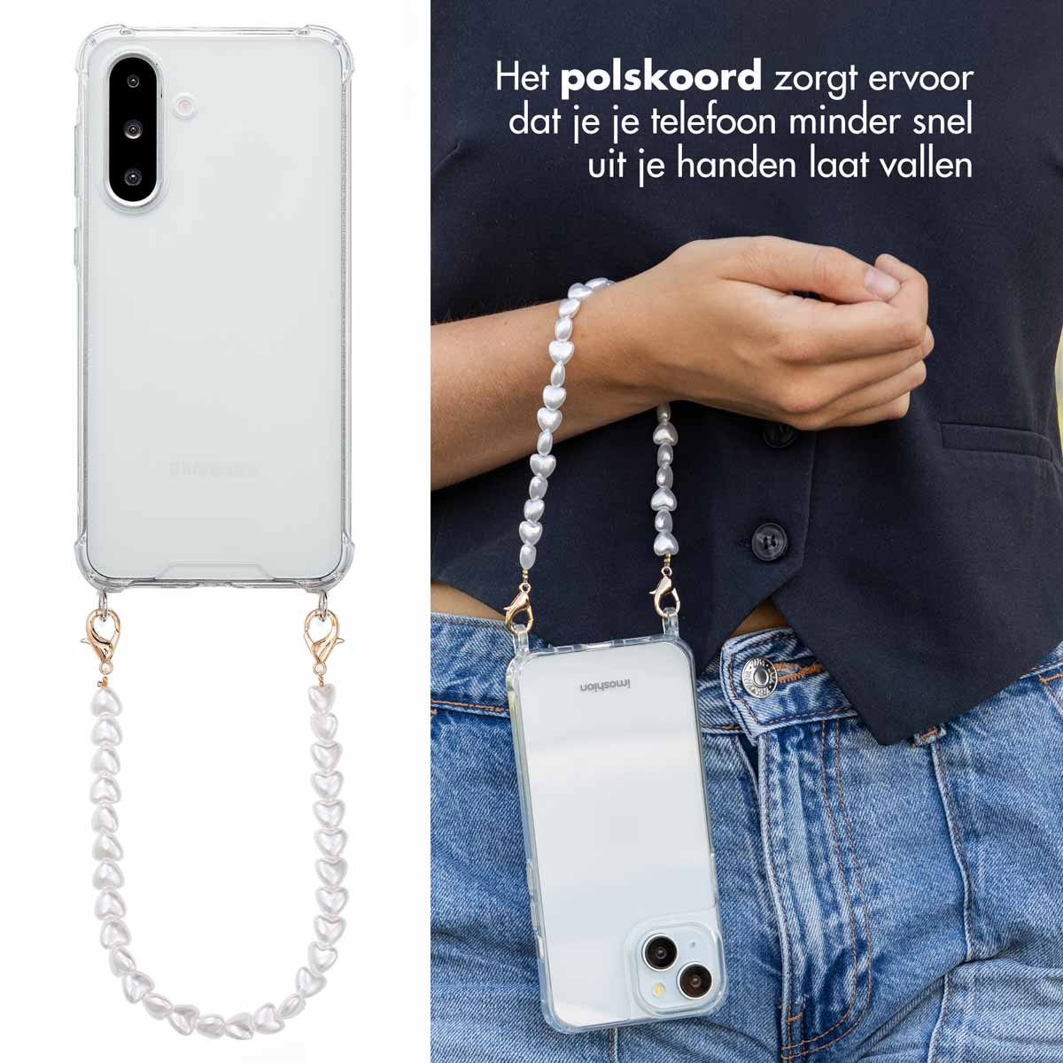 Téléphone avec un étui à lanière de perles. Texte en néerlandais et en anglais.