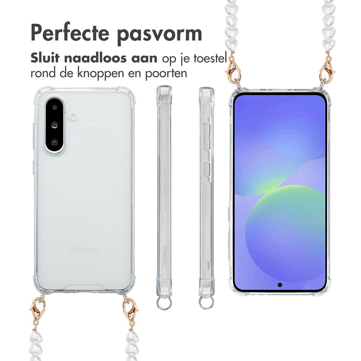 Coque de téléphone transparente avec lanière de perles, trois vues : avant, côté et arrière. Fond blanc.