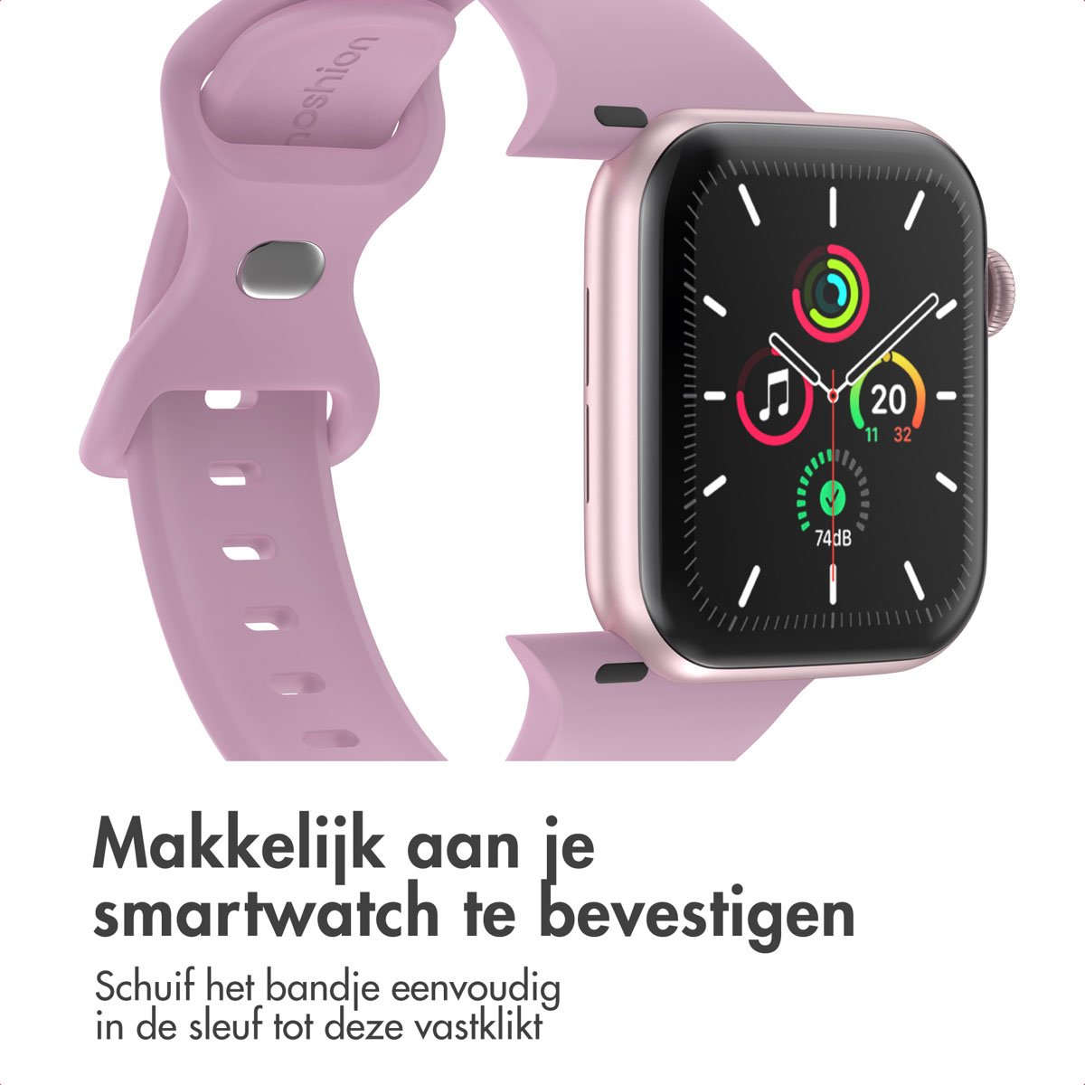 Pink smartwatch band and a rose gold smartwatch showing time and app icons.