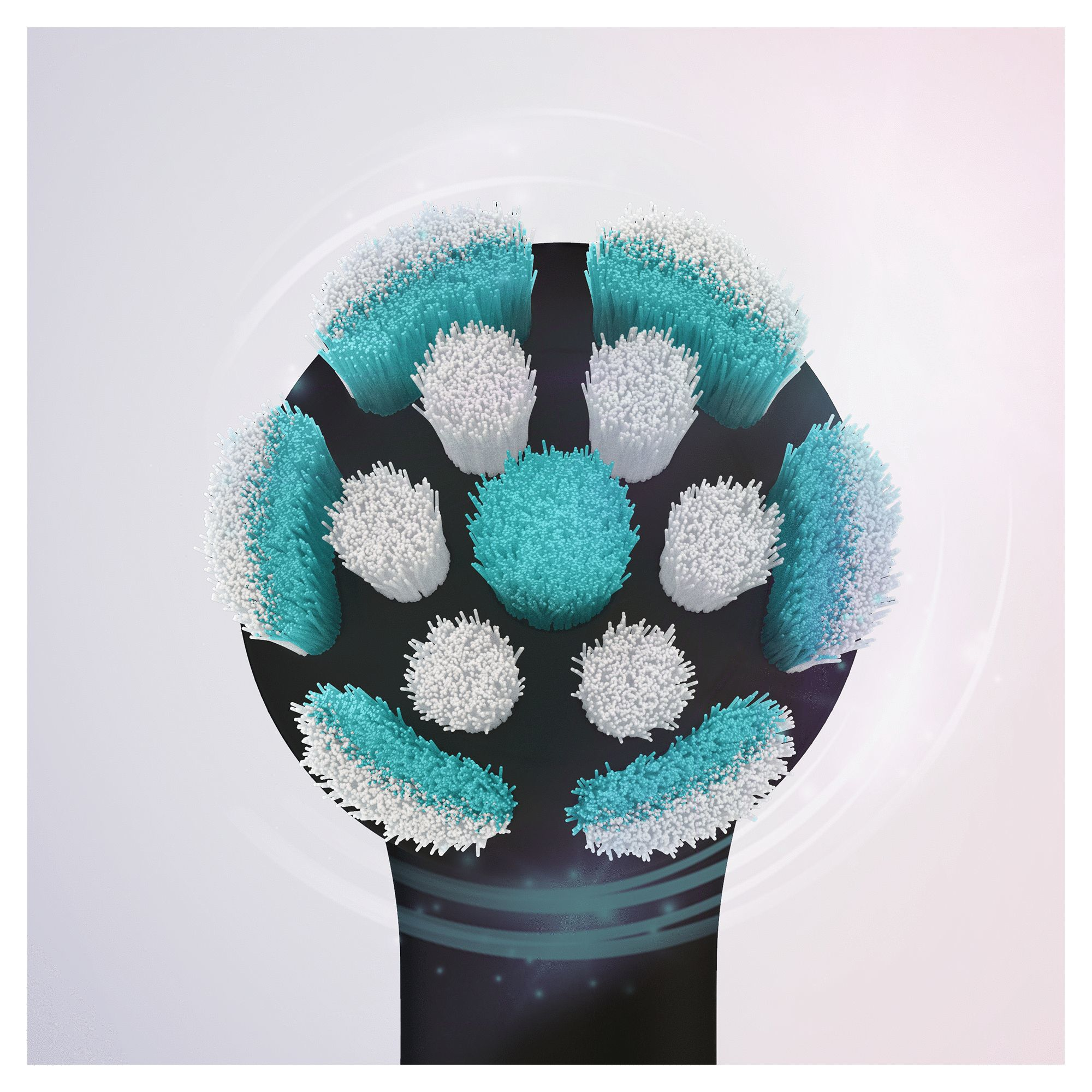 Zbliżenie główki szczoteczki do zębów z niebieskim, białym i turkusowym włosiem.