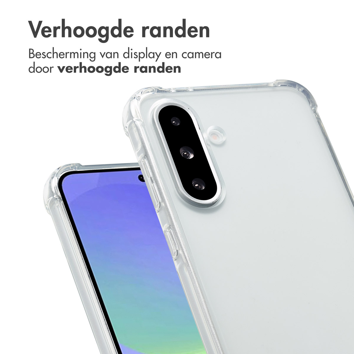 Transparante telefoonhoes, lichtjes schuin, een telefoon met scherm, tekst 'Verhoogde randen' erboven.