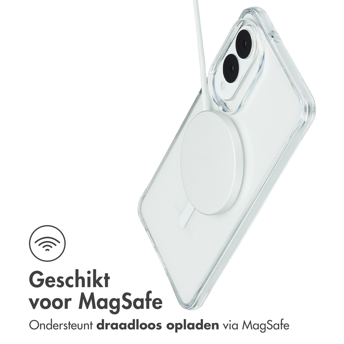 Coque de téléphone transparente avec câble de charge et cercle MagSafe à l'arrière.