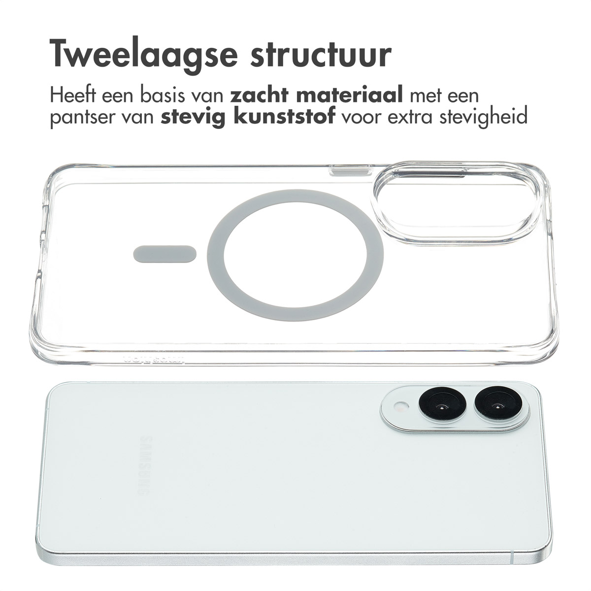 Coque de téléphone transparente avec un cercle gris, une fonction magnétique et un téléphone à l'intérieur. Le téléphone a des caméras.