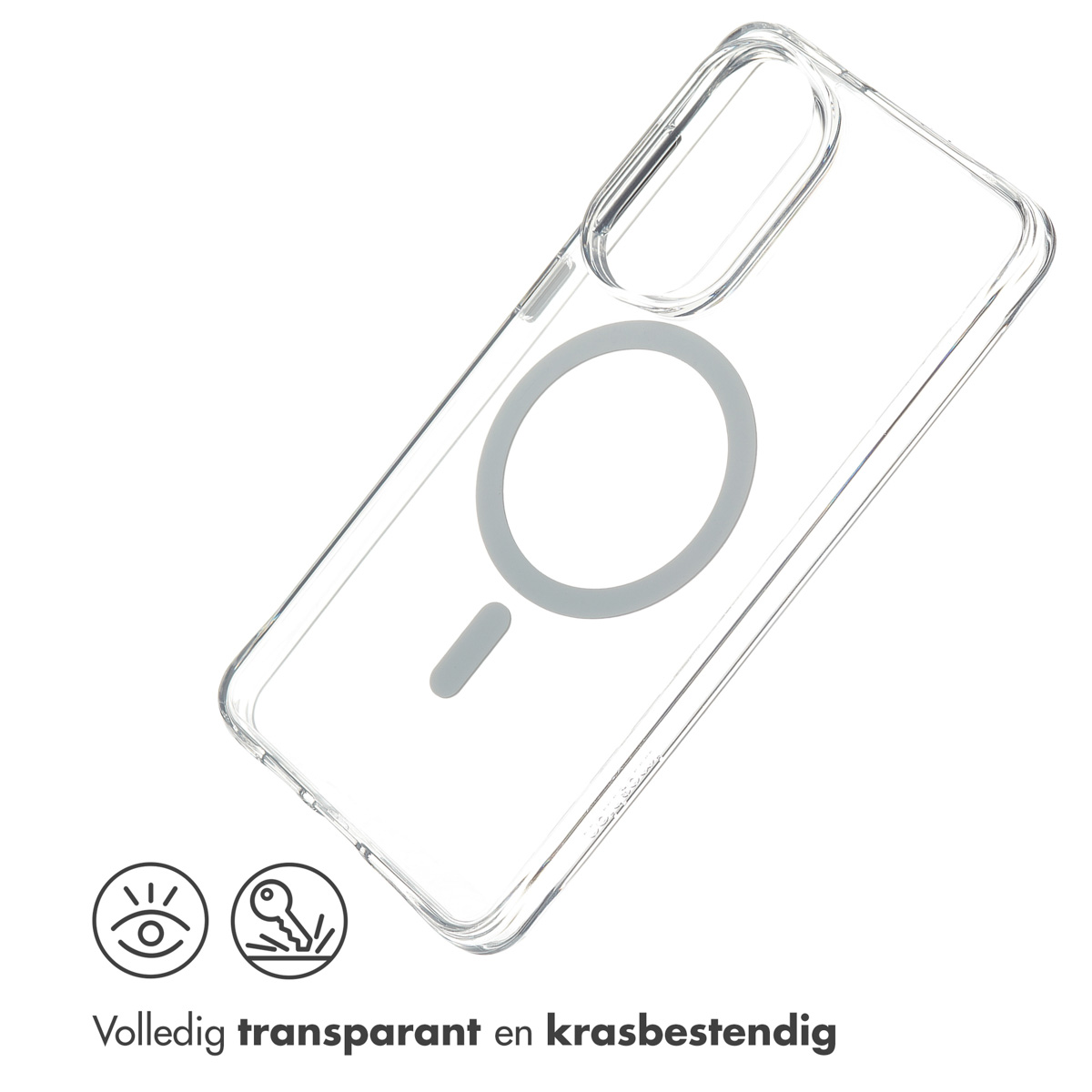 Coque transparente avec anneau magnétique gris sur fond blanc, icônes de protection.