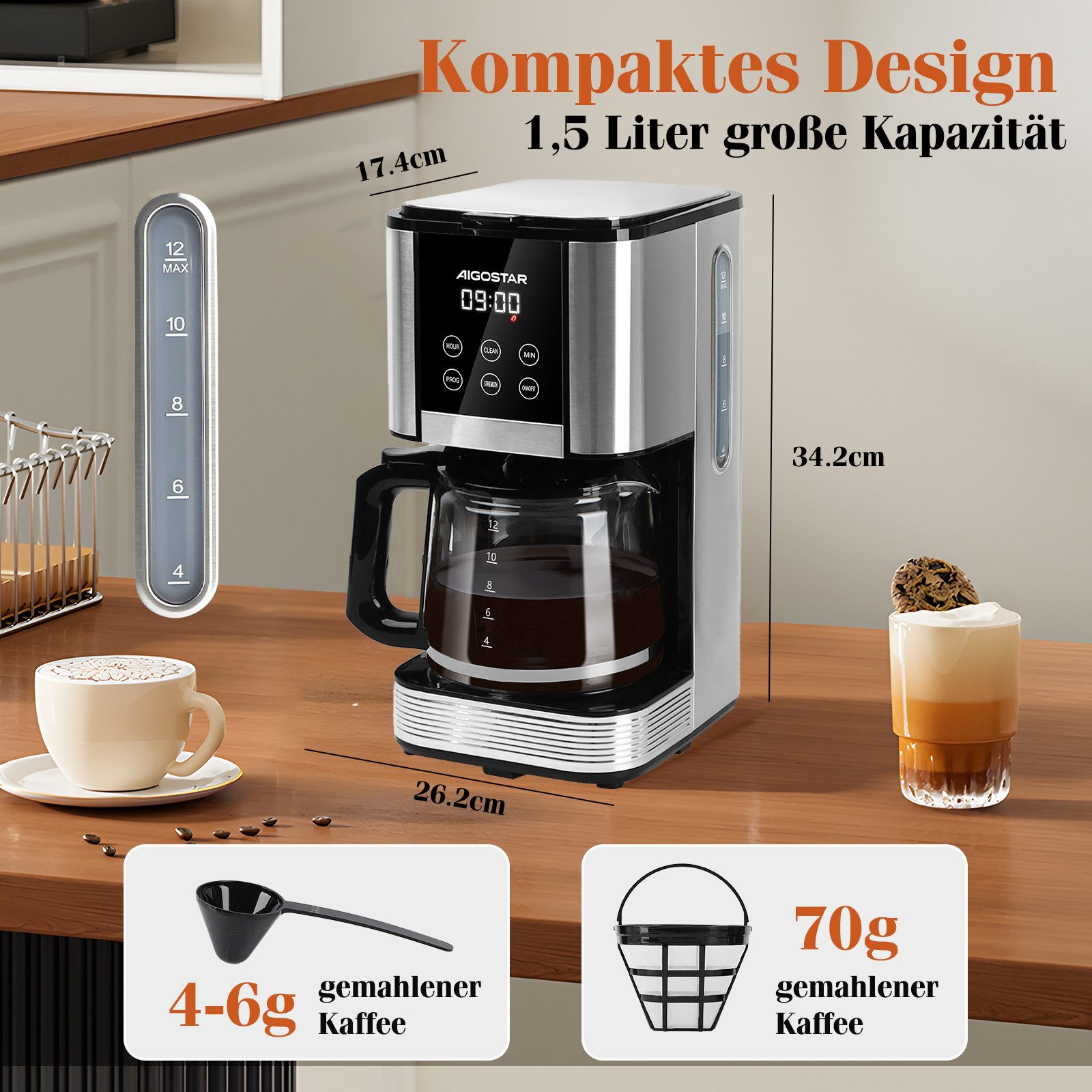 Cafetera con medidas y texto en superficie de madera marrón.
