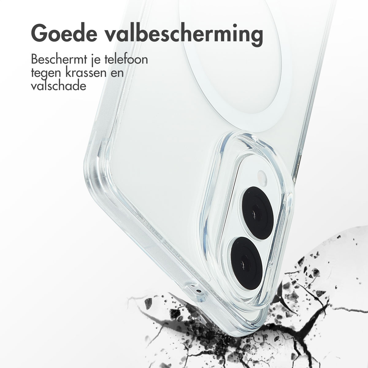 Un étui de téléphone transparent est lâché sur une surface, la fissurant. Un téléphone est à l'intérieur.
