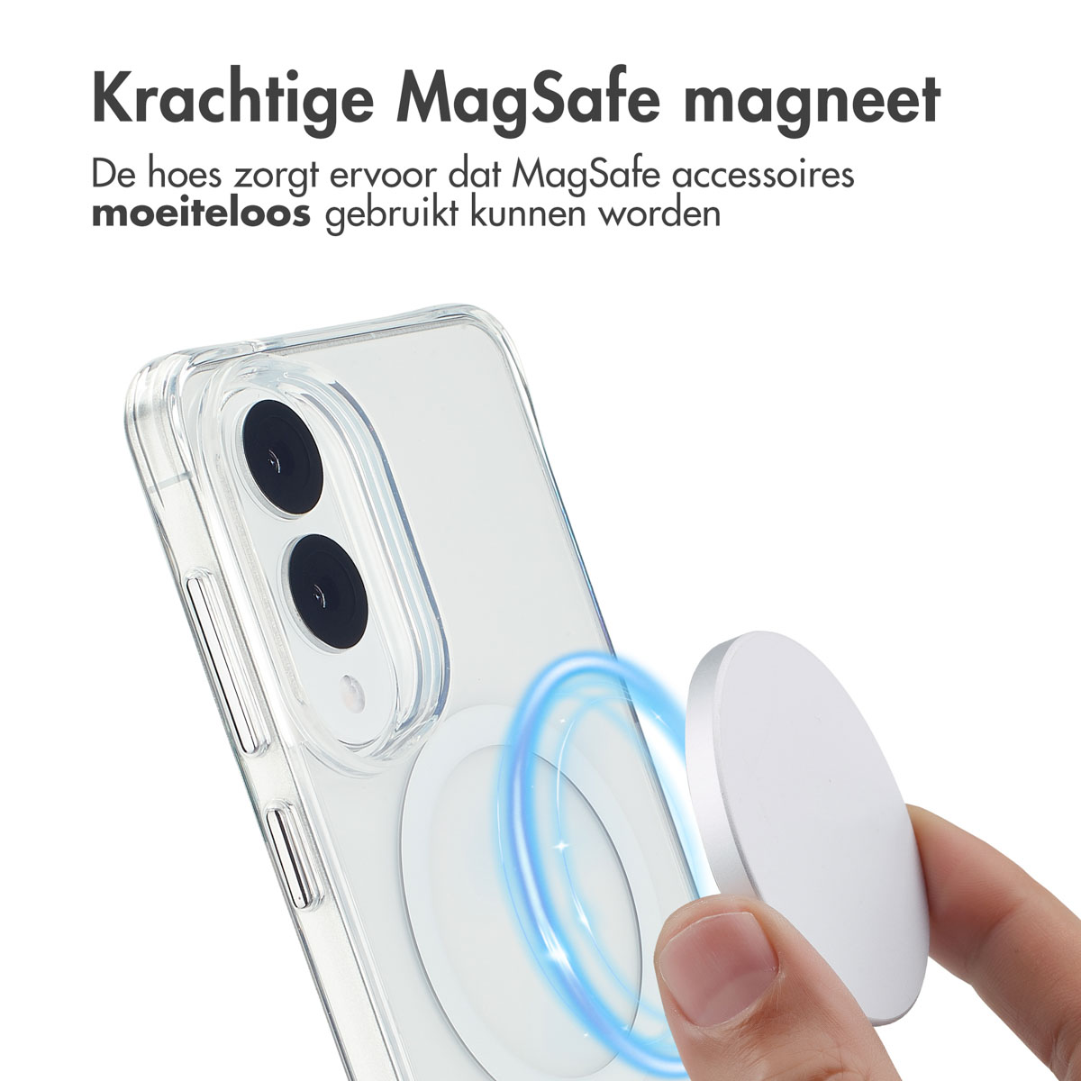 Gros plan sur l'étui du téléphone et l'accessoire MagSafe. Effet de force magnétique bleu visible.