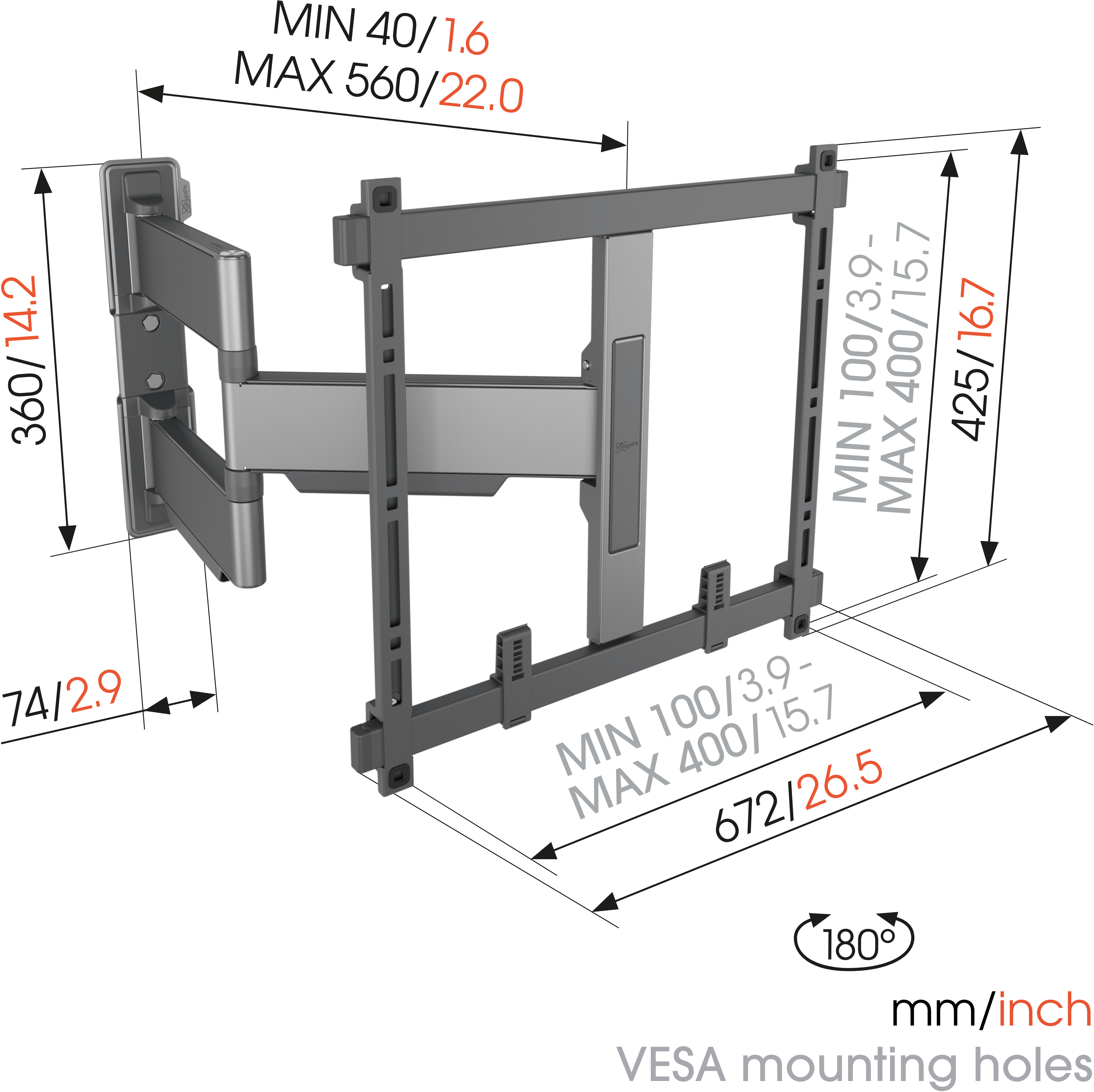 Szary uchwyt do telewizora z wymiarami i etykietami.