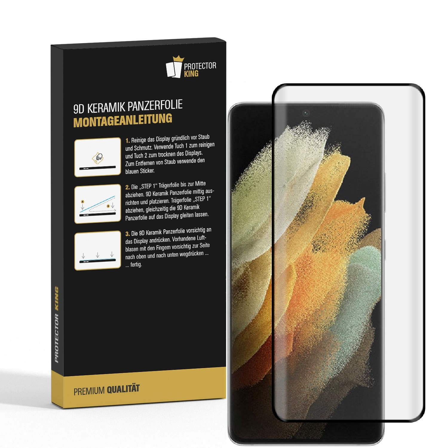 Produktaufnahme eines Displayschutzes mit Anweisungen und einem Telefon. Der Schutz und das Telefon sind zu sehen.