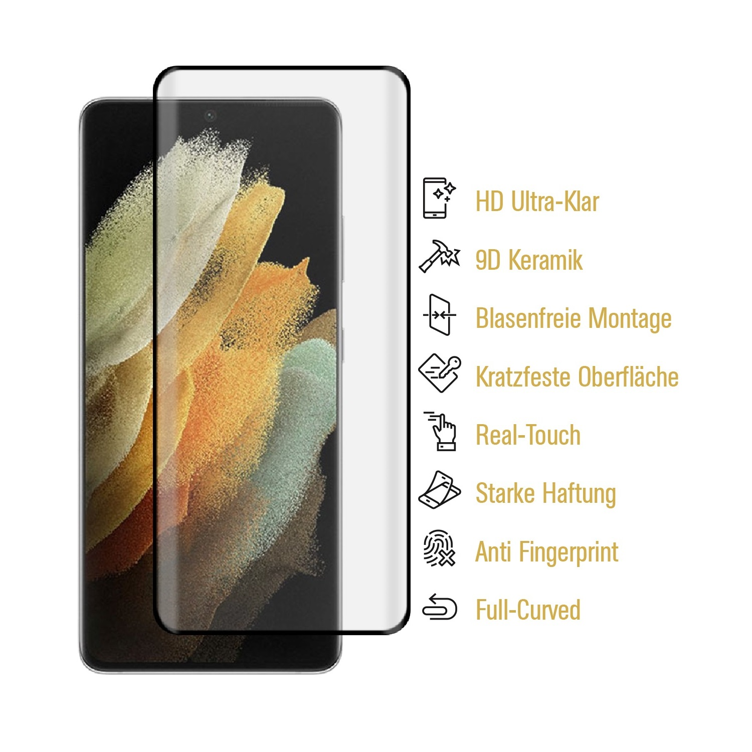 Smartphone mit Displayschutzfolie. Der Schutz befindet sich auf dem Telefon. Rechts sind Funktionen aufgeführt.