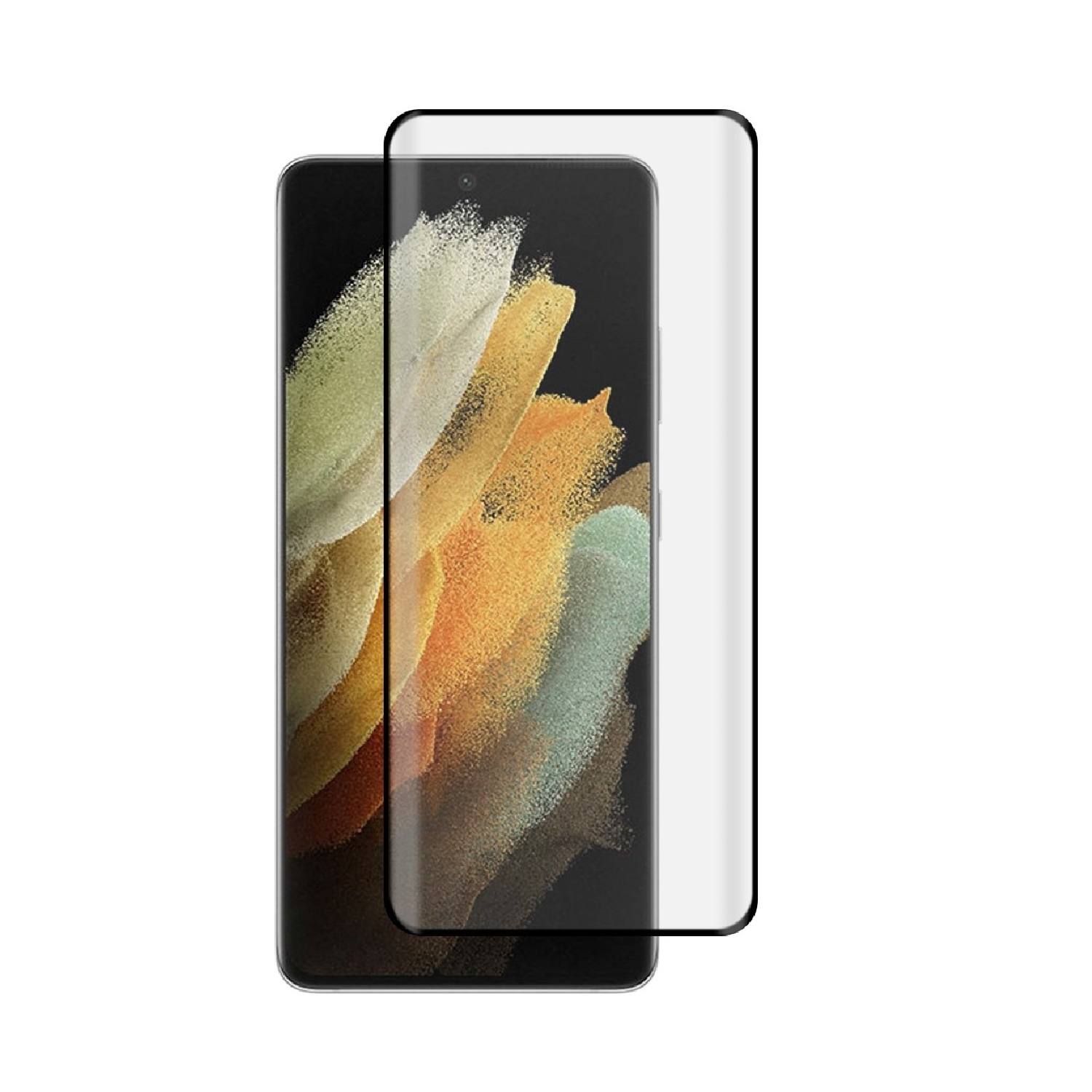 Smartphone mit angebrachter Displayschutzfolie. Zeigt ein farbenfrohes Bild auf dem Bildschirm.