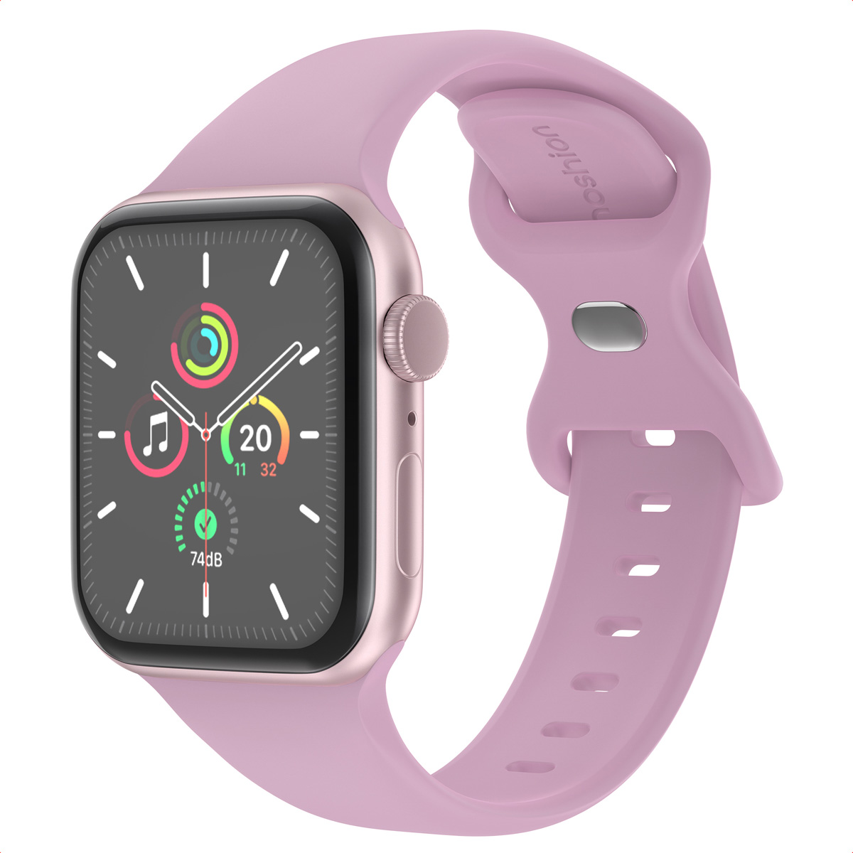 Pink smartwatch band and a rose gold smartwatch showing time and app icons.
