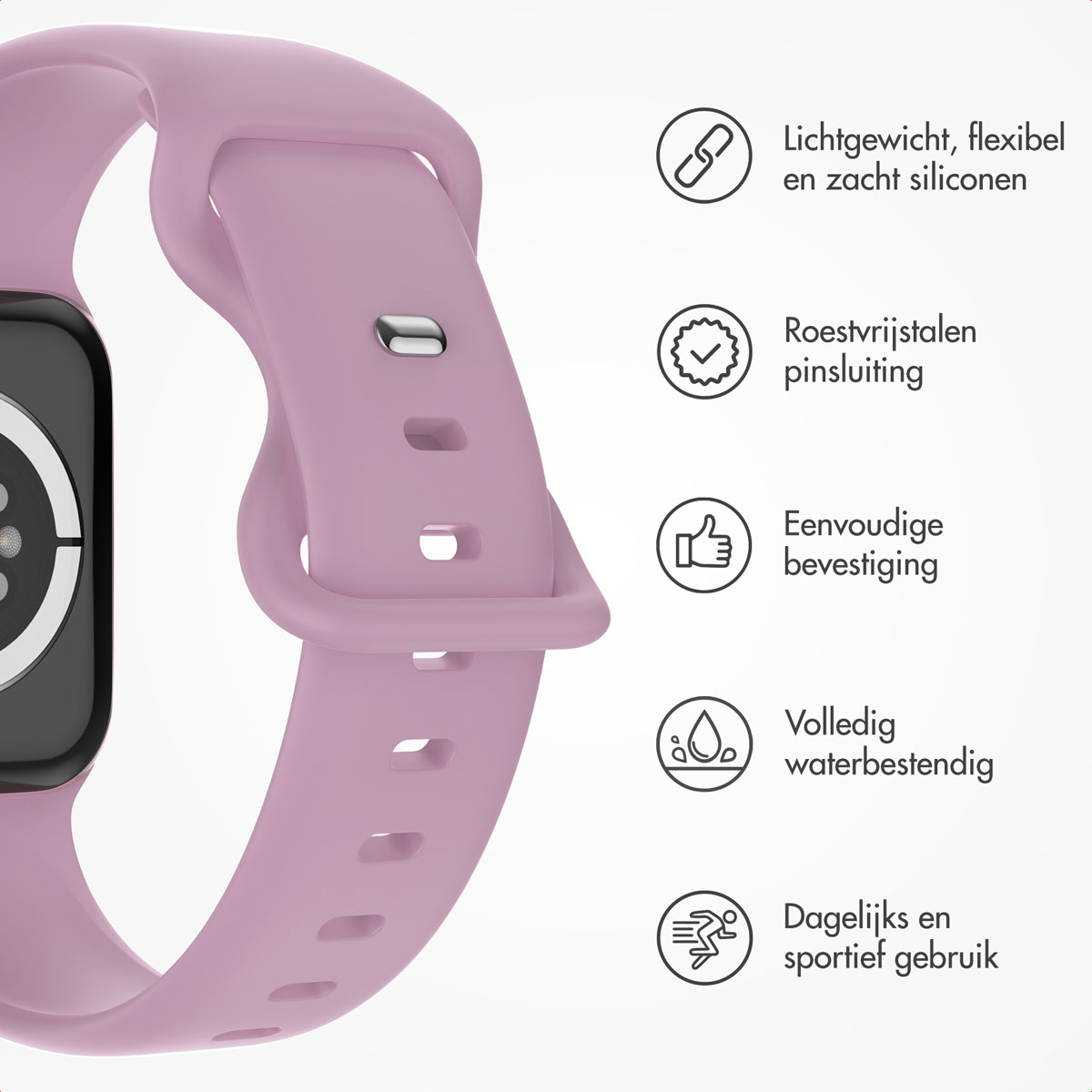 Close-up of a pink smartwatch band. Features are described in text and icons.