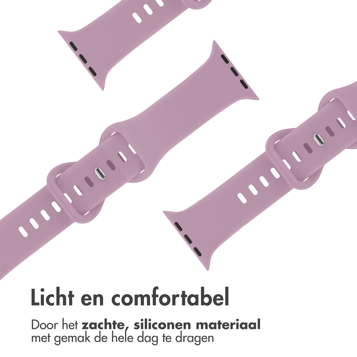 Three lilac watch bands angled on white.  Each band has a buckle and holes.