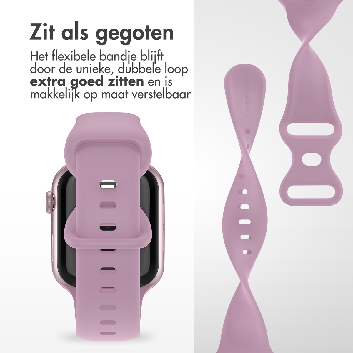Pink smartwatch band wrapped around a watch, next to a separate band piece.