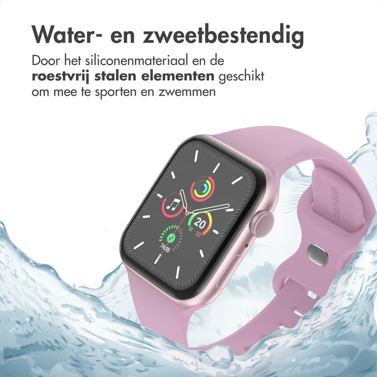A pink smartwatch with a pink strap, showing a watch face. Water splash in background.