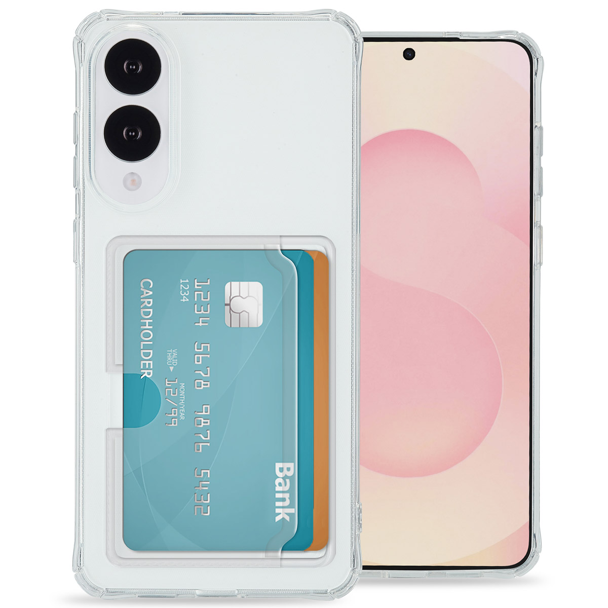 Une coque de téléphone transparente avec un porte-cartes contenant une carte bancaire et un écran de téléphone.