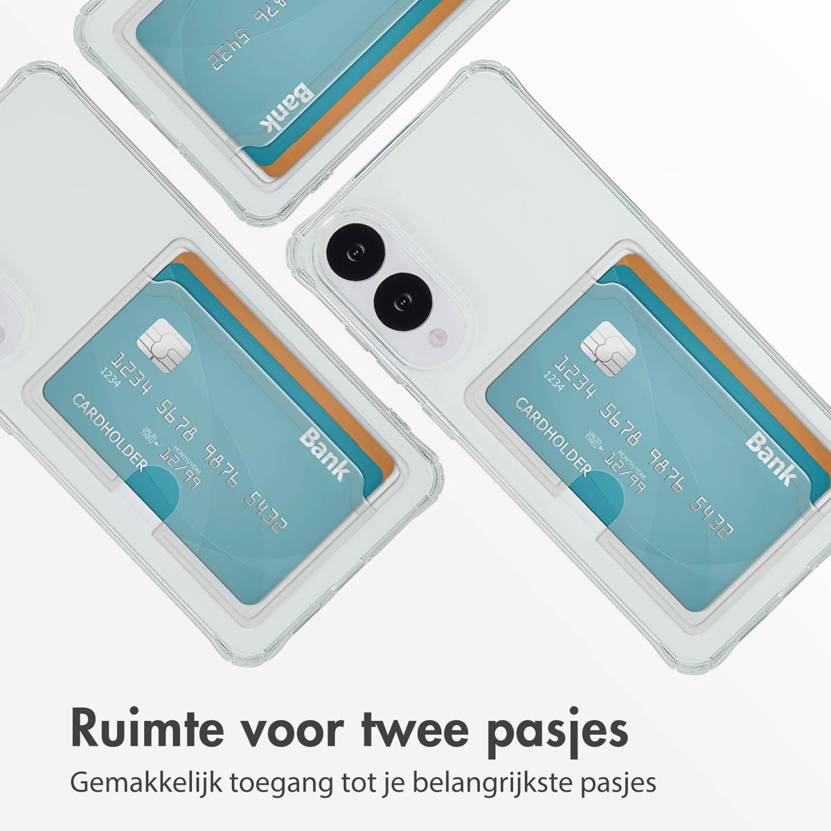 Une coque de téléphone avec des cartes à l'intérieur, montrant l'espace pour deux cartes. Le texte en bas l'indique.