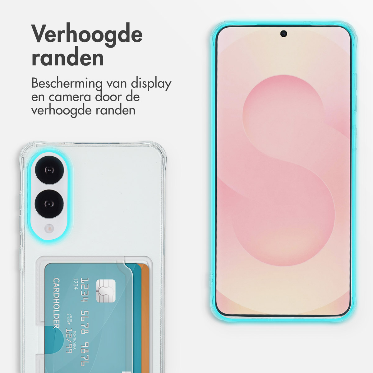 Téléphone dans une coque transparente avec un porte-cartes et une carte de crédit. Le téléphone a un écran bleu.