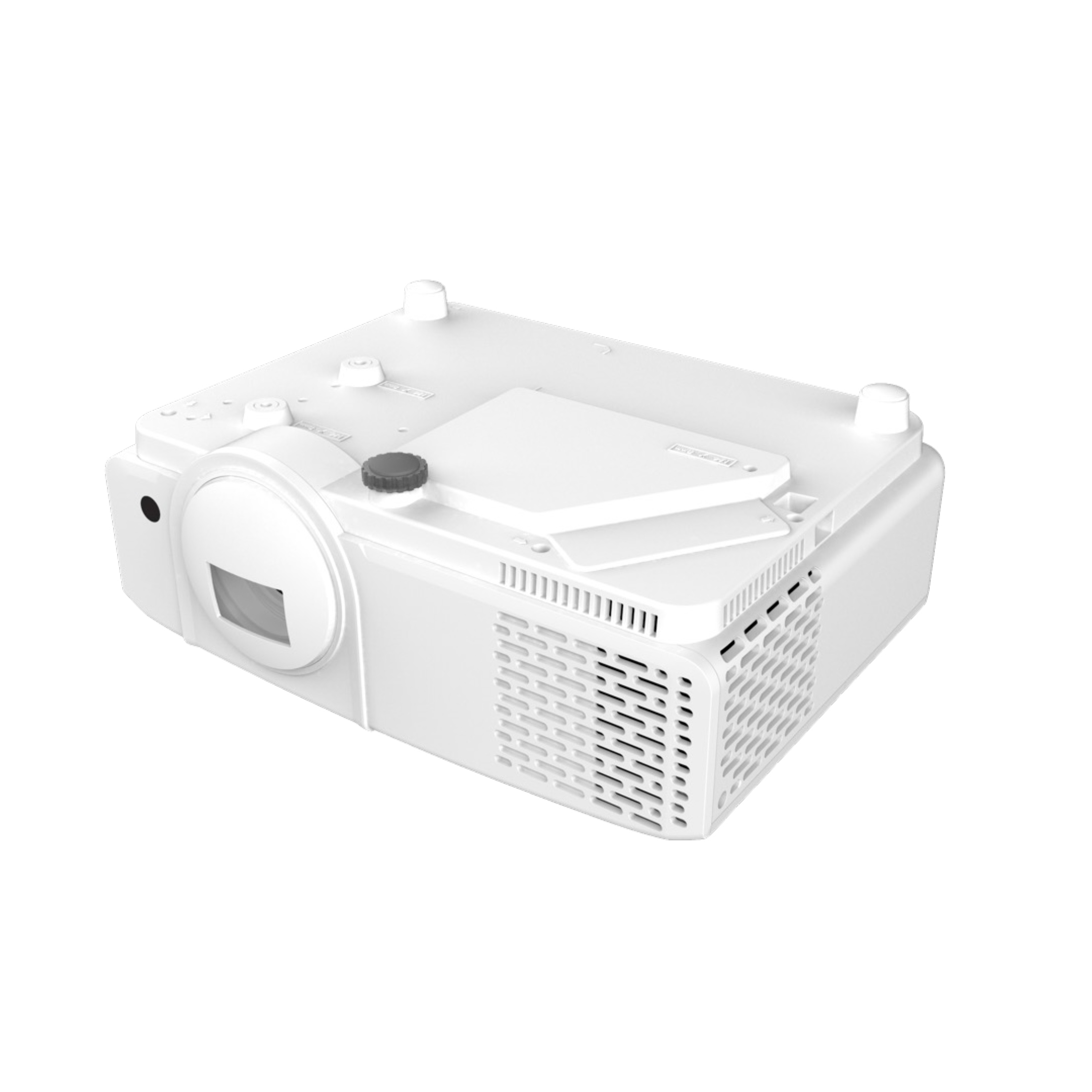 Witte projector omhoog gekanteld, toont de bovenkant met een ventilatie en bediening.