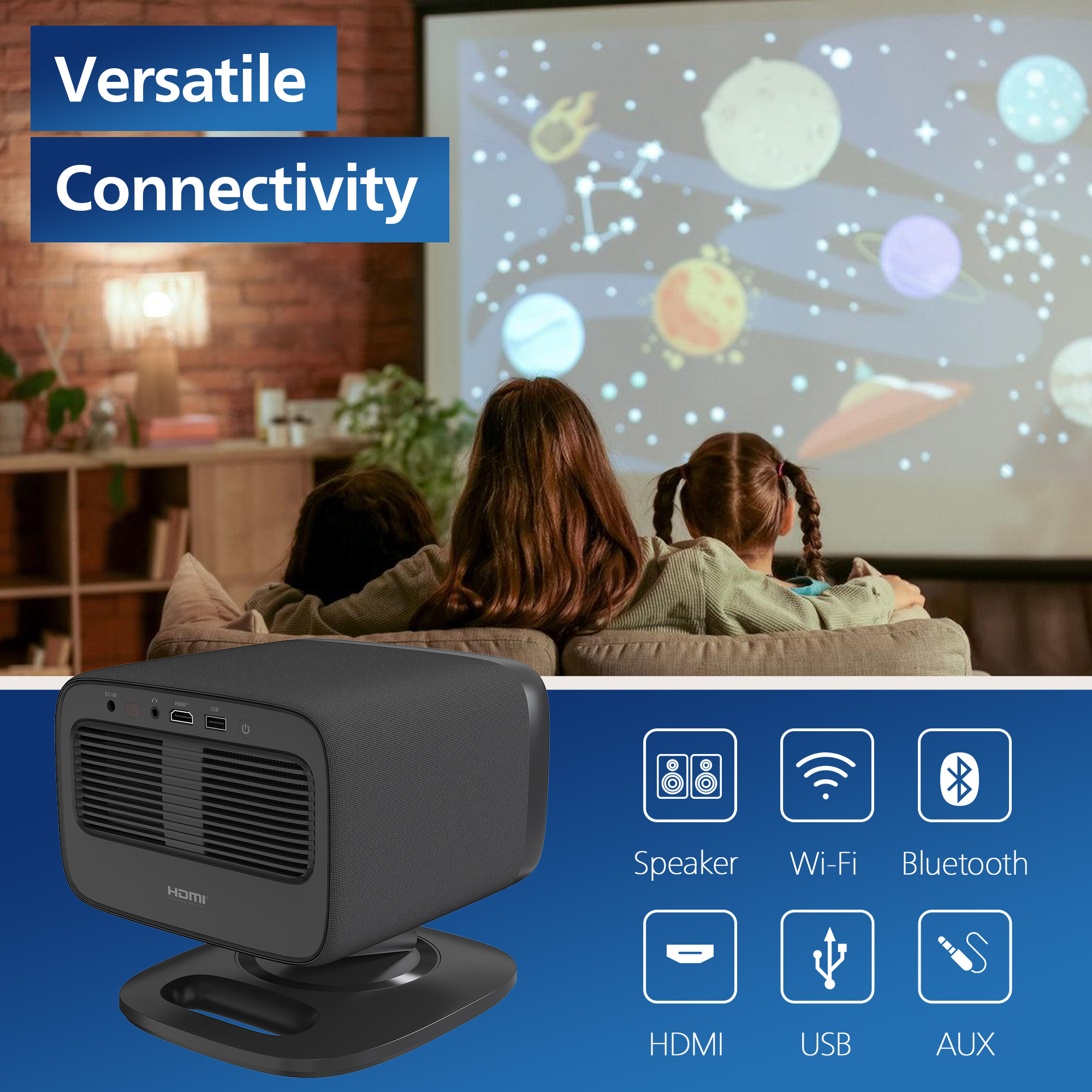 Czarny projektor na czarnym stojaku, poniżej dwoje dzieci oglądających wyświetlaną scenę galaktyki, ikony.