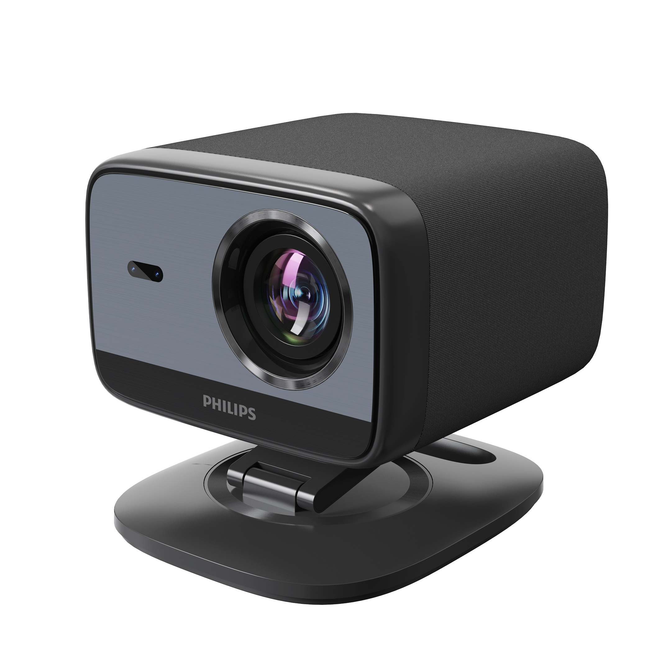 Projecteur noir et gris sur un support avec une lentille au centre.