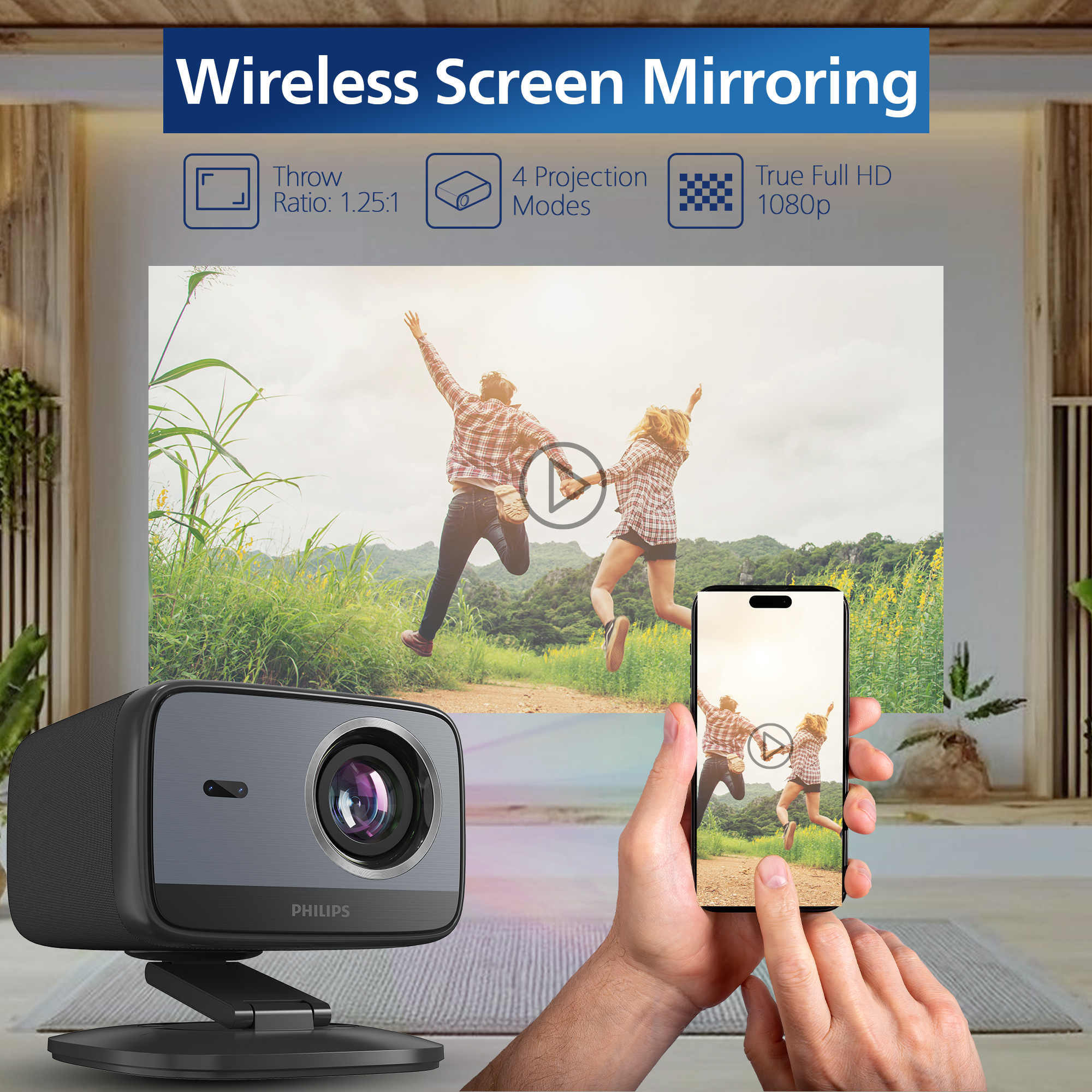 Projektor wyświetlający wideo skaczących ludzi, odbite na smartfonie trzymanym przez osobę.