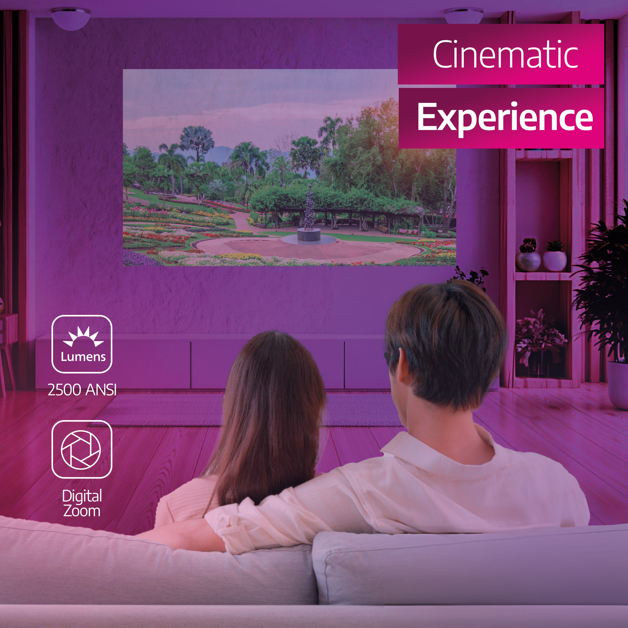 Twee mensen die een film bekijken op een geprojecteerd scherm met de tekst 'Cinematic Experience'.