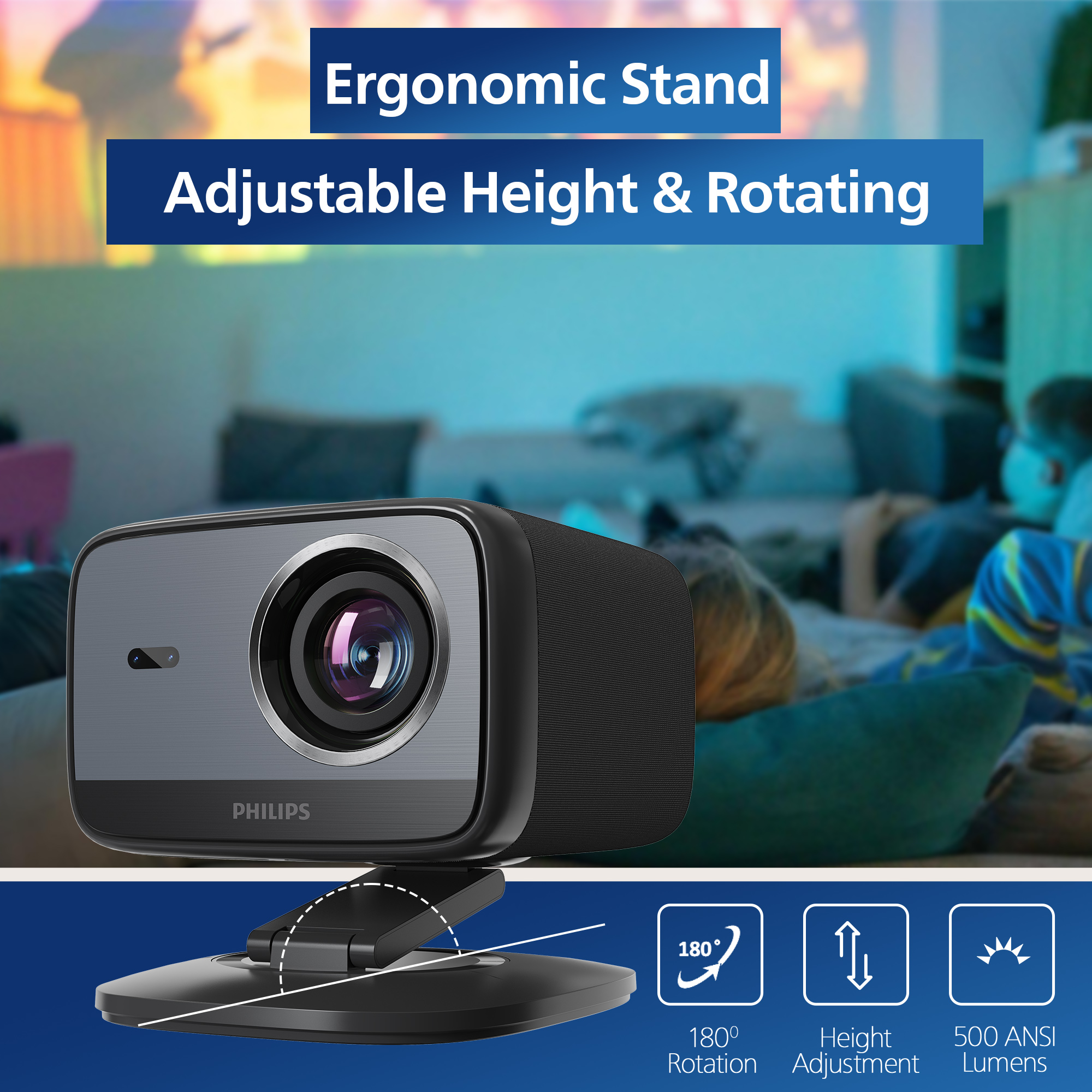Projektor Philips na statywie. Tekst mówi o regulowanej wysokości i obrocie. Ludzie w tle.