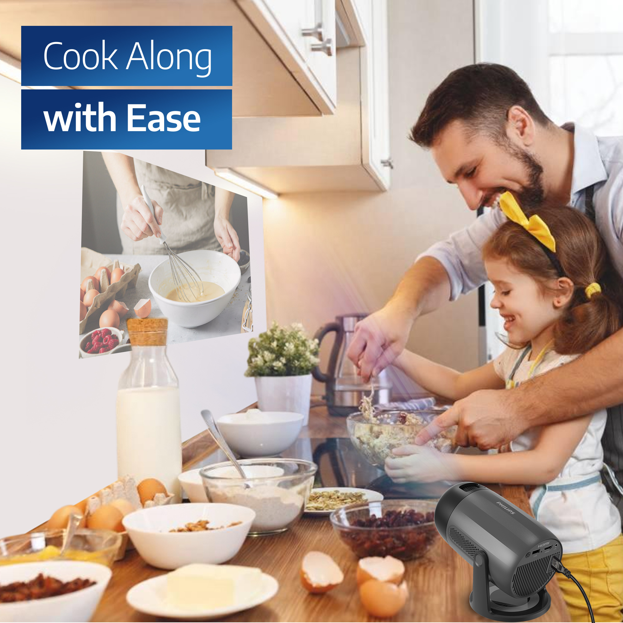 A dad and daughter cook together in a kitchen. A cooking appliance is visible in the foreground.