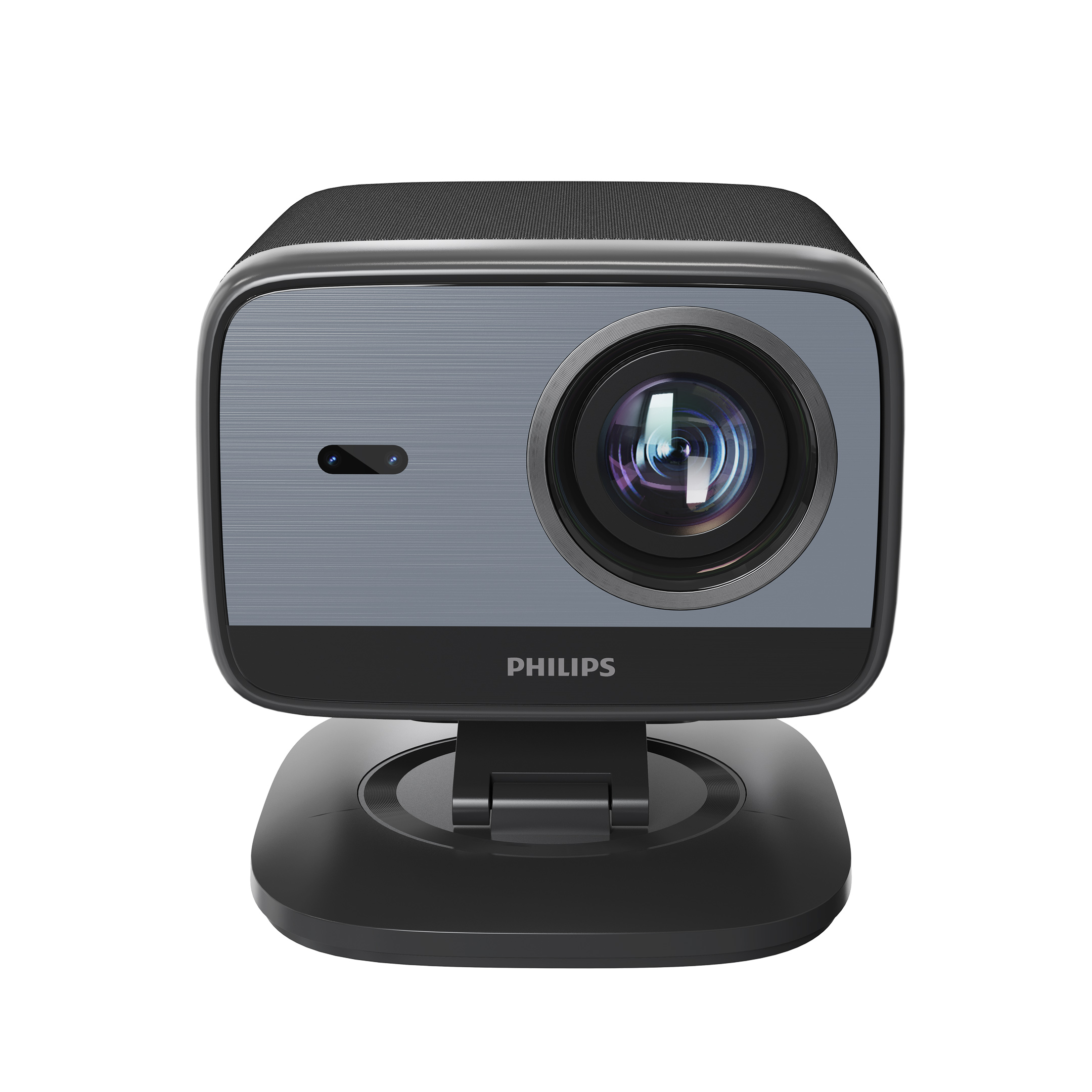 Czarny aparat z metalicznym szarym przodem, na czarnym statywie.