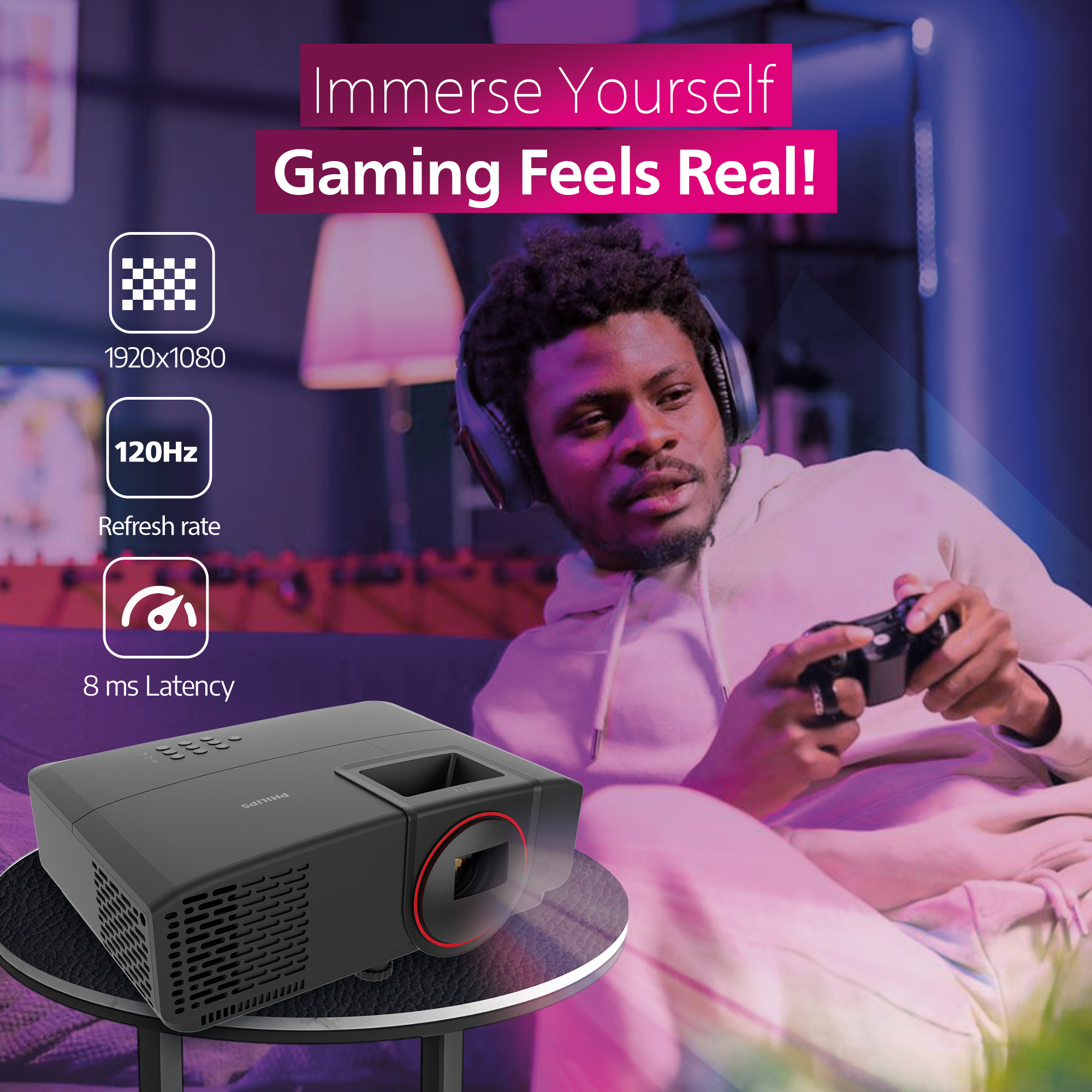 Zwarte projector met gamer. Grafieken tonen 1920x1080, 120Hz en 8ms latentie.
