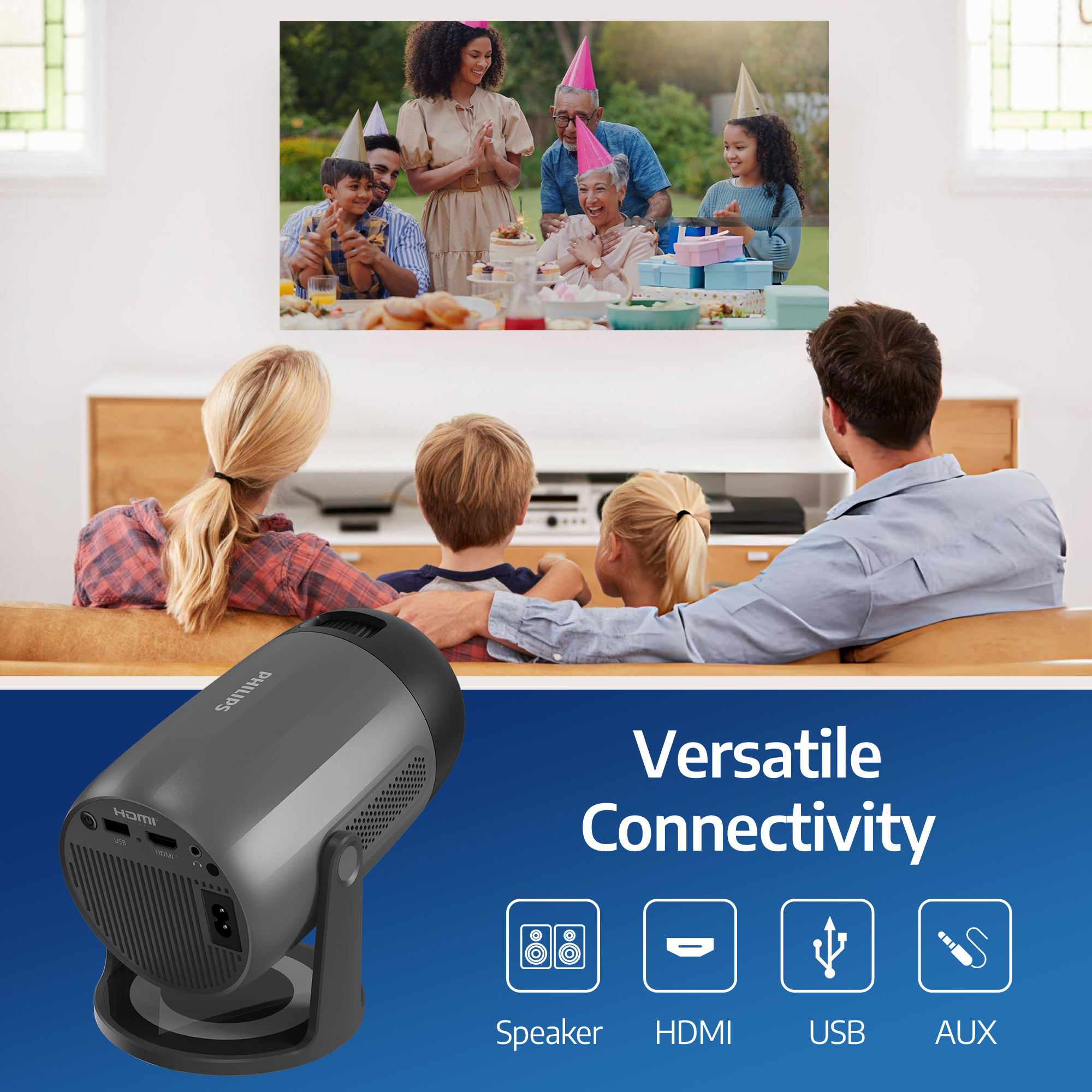 A projector projecting a family watching TV with connectivity symbols below it.