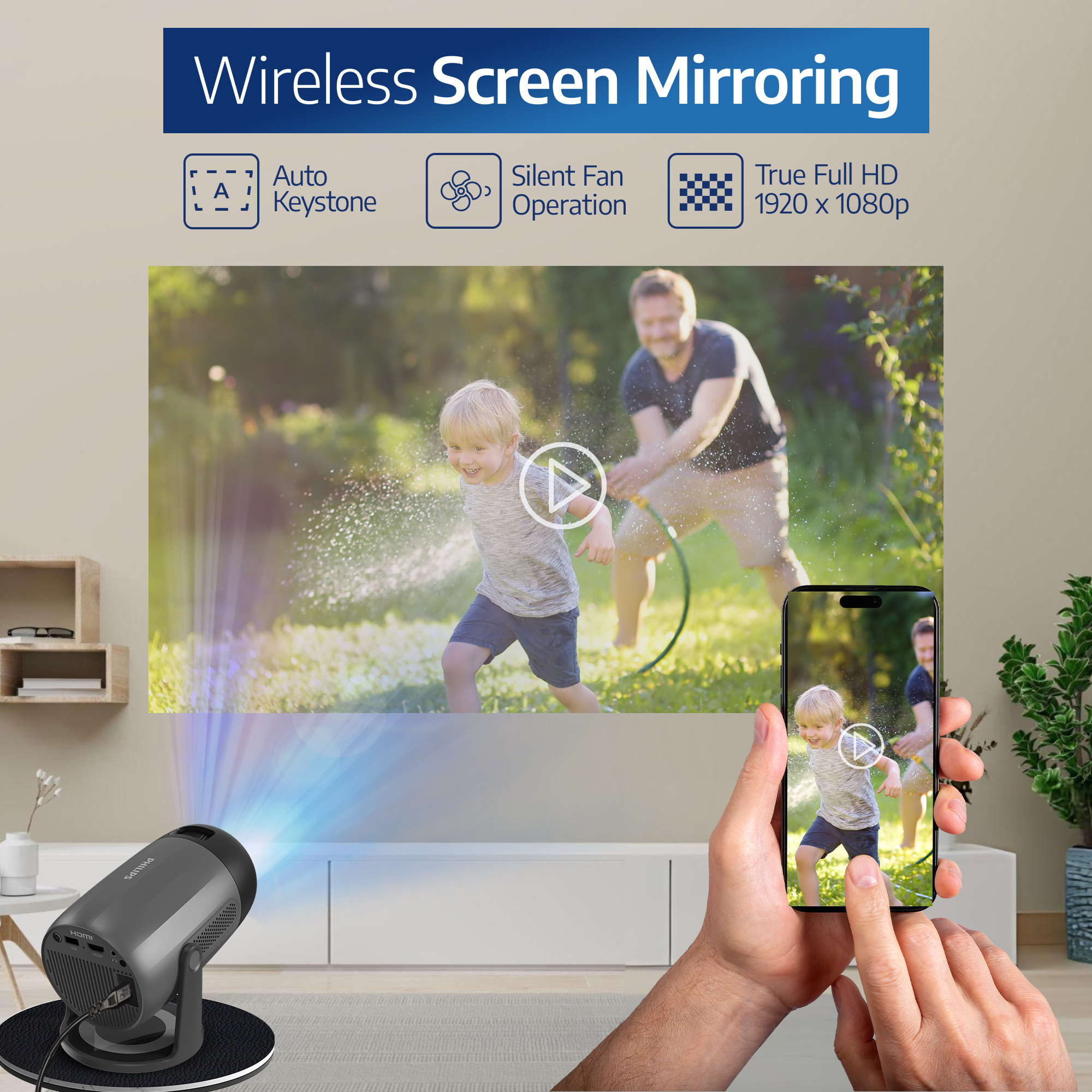 Projector displays a boy playing in a yard. A phone shows the same scene. Wireless screen mirroring.