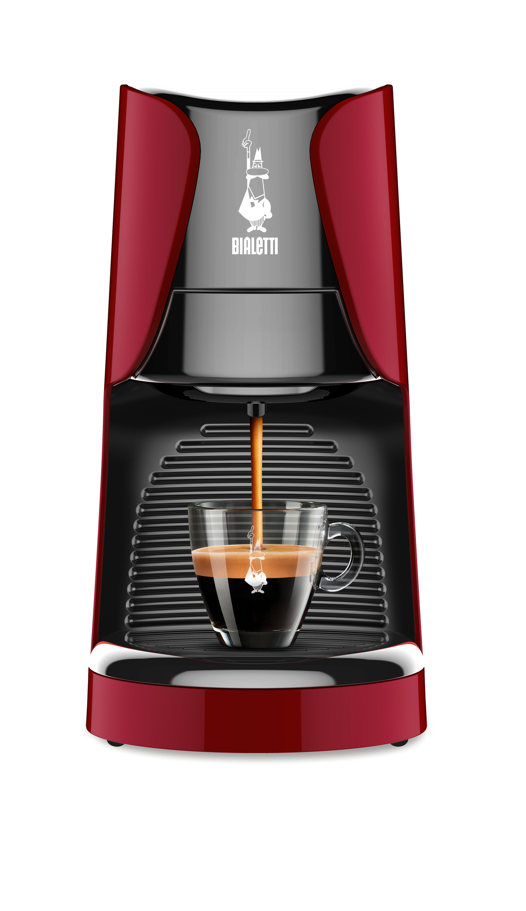 Czerwony ekspres do kawy Bialetti z kawą wlewaną do szklanki.