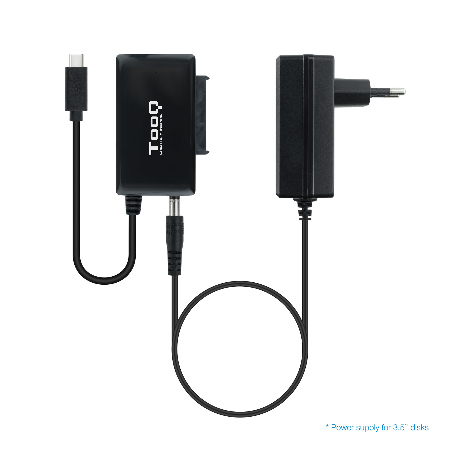 Set adattatore nero per dischi da 3,5". Include un cavo USB-C e un adattatore di alimentazione.