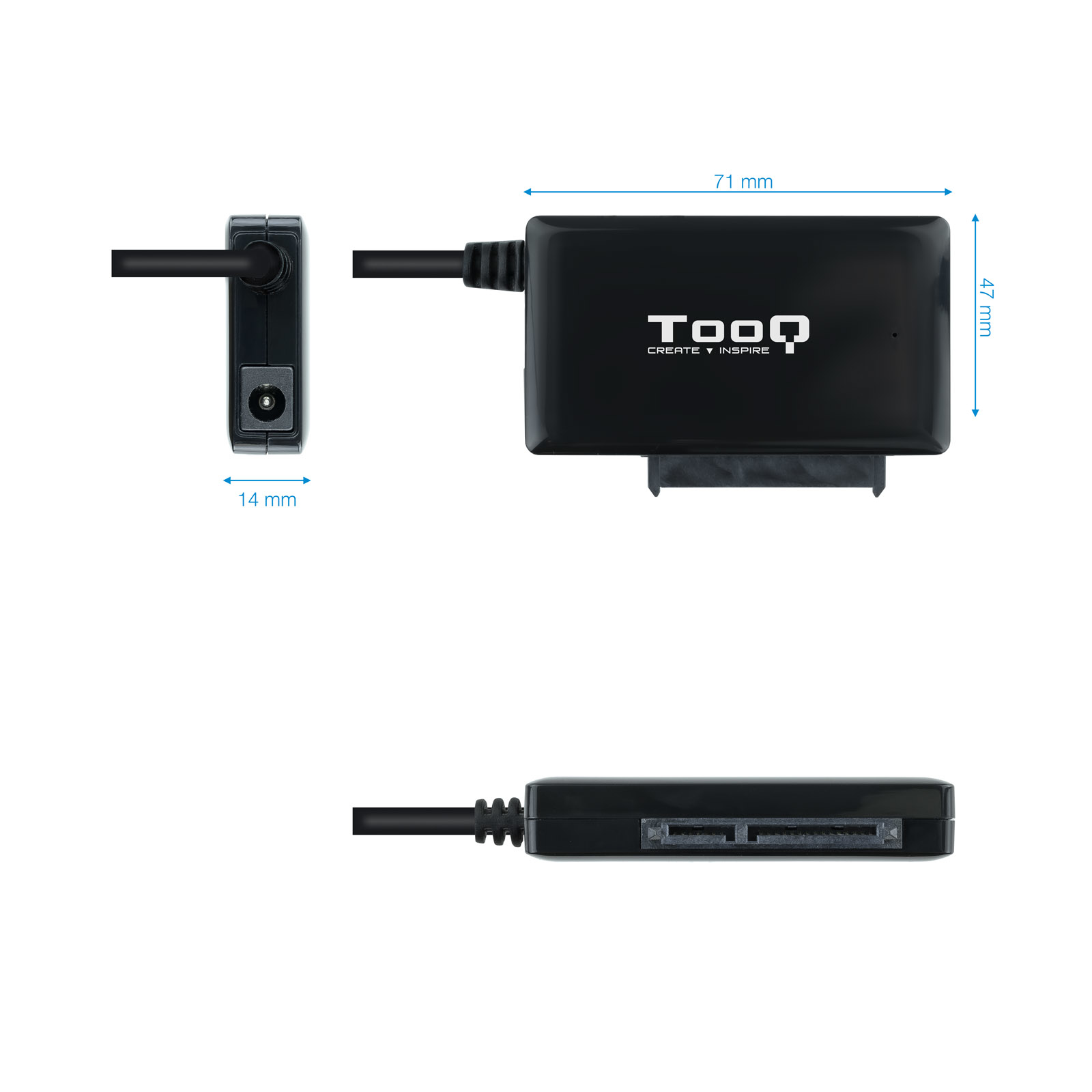 Adattatore TooQ nero con dimensioni etichettate. Ha una porta e un connettore.