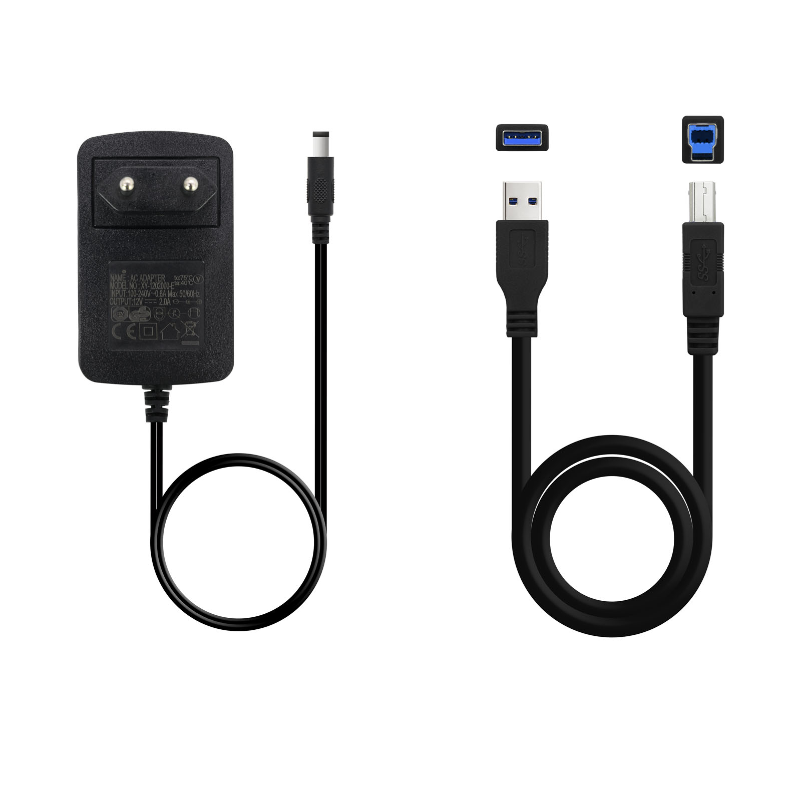 Un adaptador de CA y dos cables con diferentes conectores USB. Los elementos están sobre un fondo blanco.