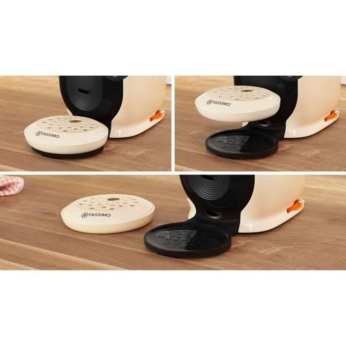 Kremowy ekspres do kawy Tassimo z odłączanymi częściami na drewnianej powierzchni.