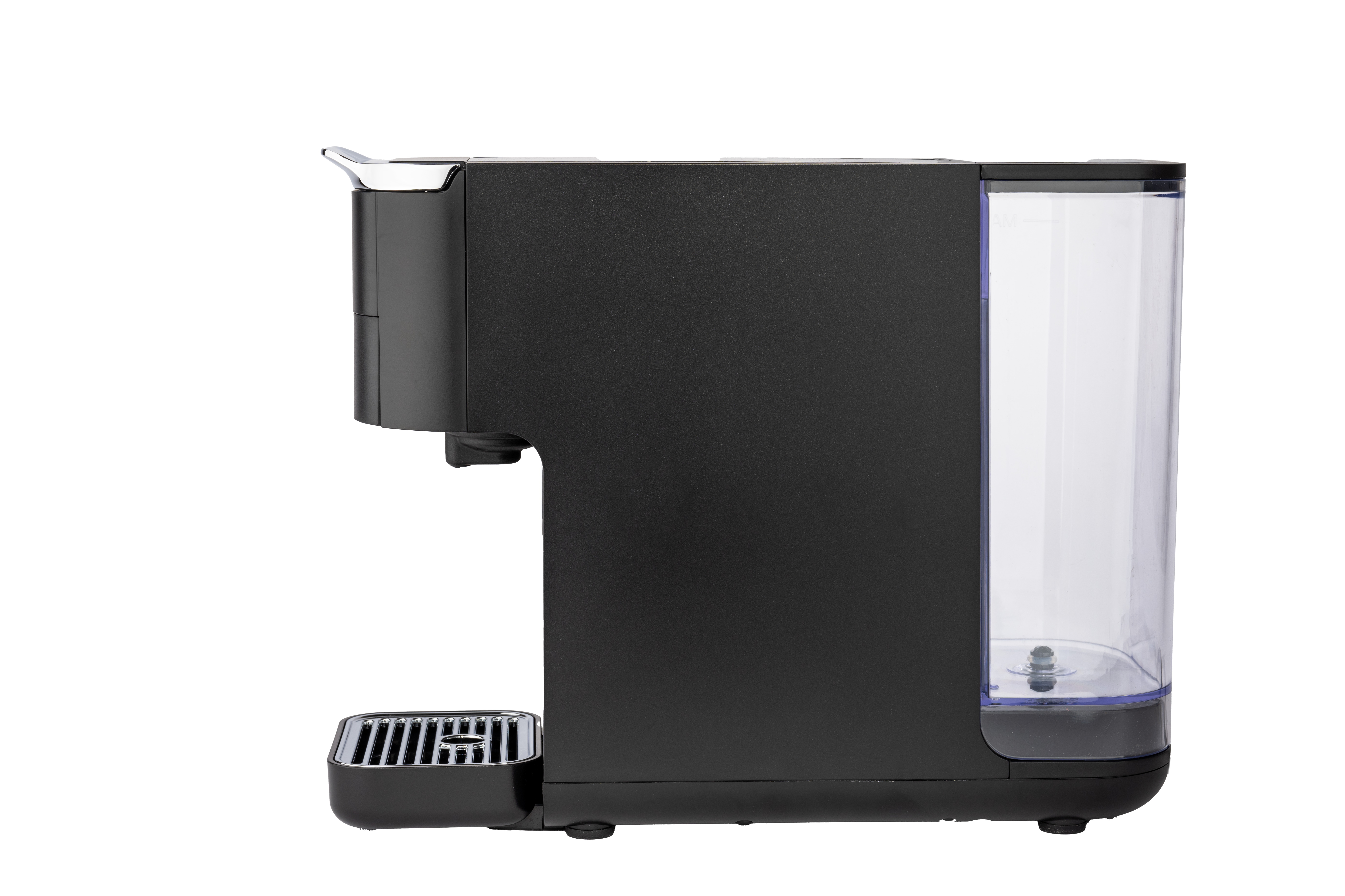 Czarny ekspres do kawy, widok z boku. Przezroczysty zbiornik na wodę po prawej. Czarna podstawa i taca.