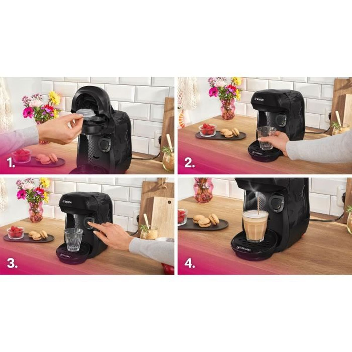 Obraz z czterema panelami pokazujący etapy parzenia kawy z czarnym ekspresem Bosch.