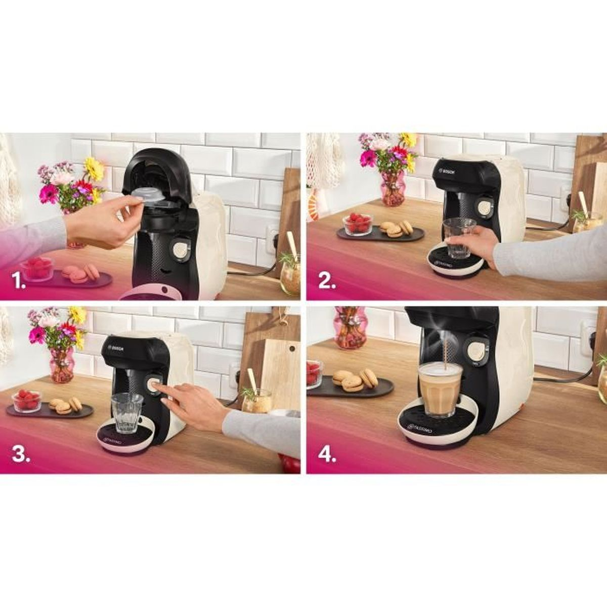 Sekwencja czterech paneli pokazująca działanie ekspresu do kawy: dodawanie kapsułki, robienie kawy i delektowanie się.