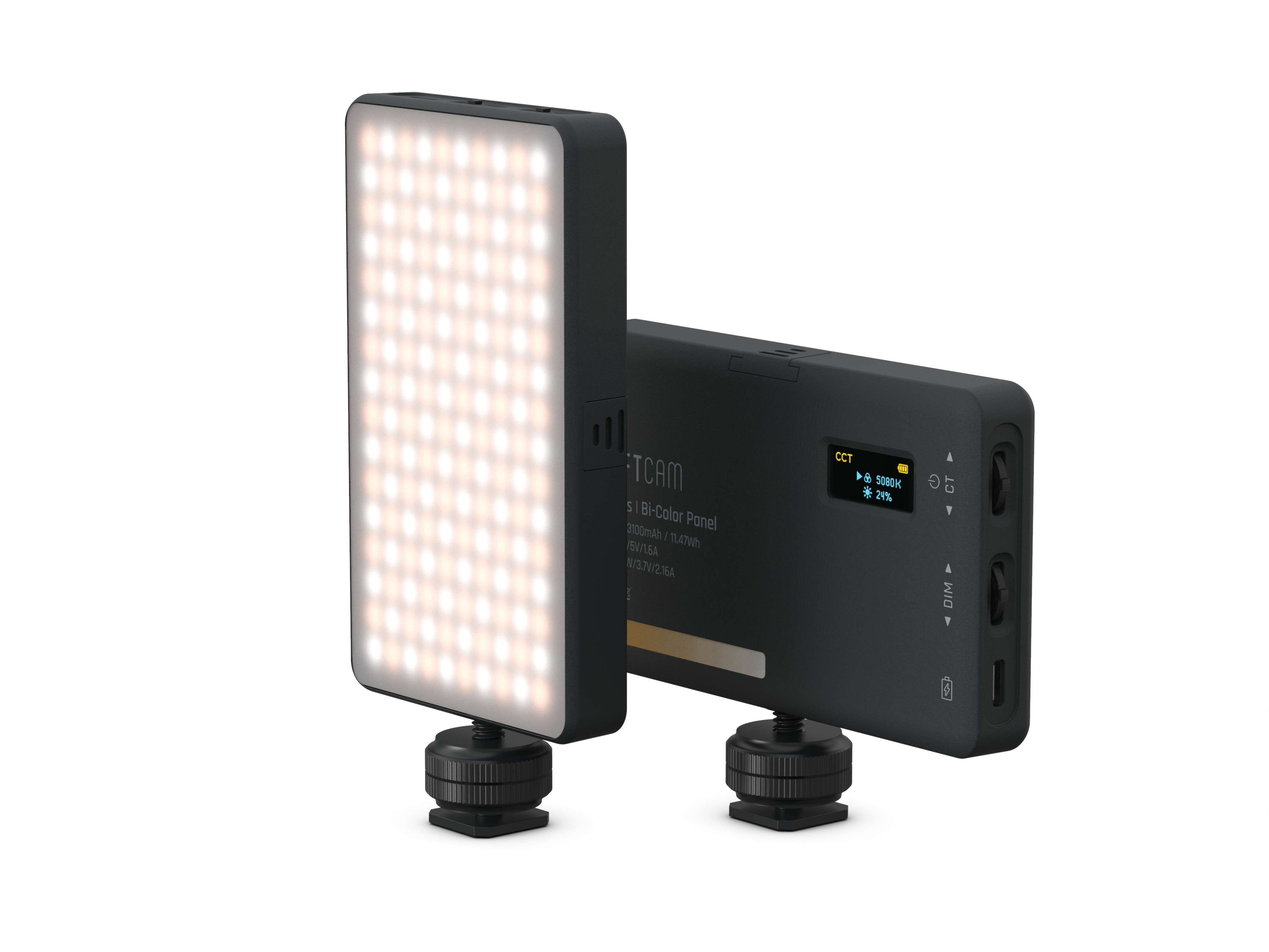 İki siyah LED video ışığı, biri ayakta, diğeri yatıyor. Her ikisinde de kontroller var.