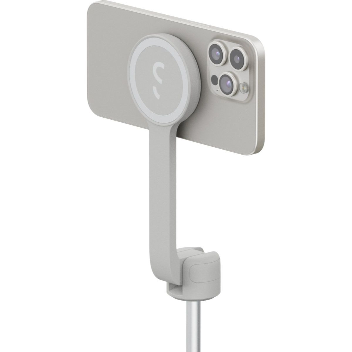 Gri telefon tutucu, telefon takılı. Telefondan birden fazla kamera var.