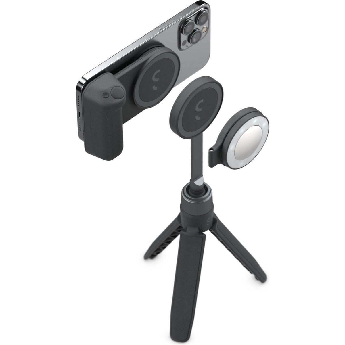 Bir telefon, bir tutamak, bir tripod ve bir ışık, hepsi bir yaratıcı kurulum için.