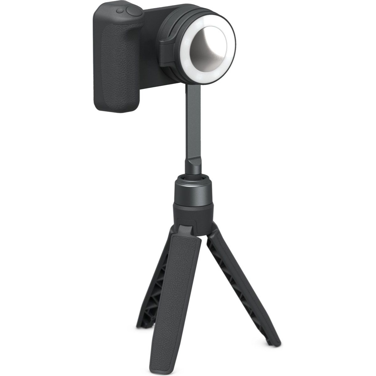 Bir tripod üzerinde siyah bir halka ışığı. Bir telefon tutucusuna takılı.